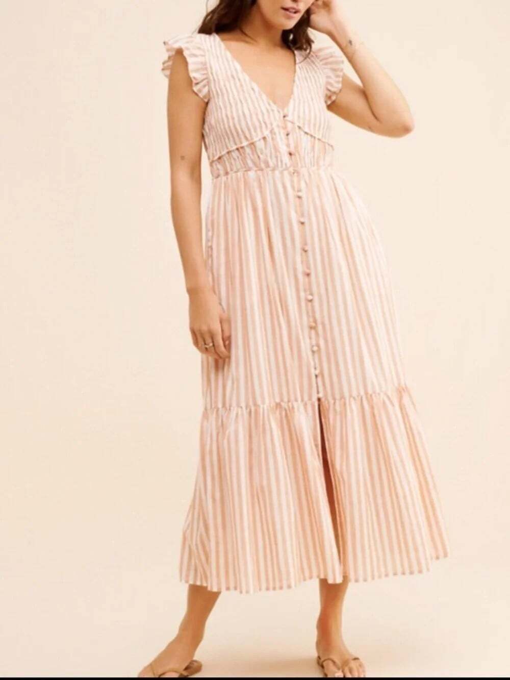 ANTHROPOLOGIE Peregrine Sz S Peach Cream Midi Dress Stripe Cottagecore Milkmaid